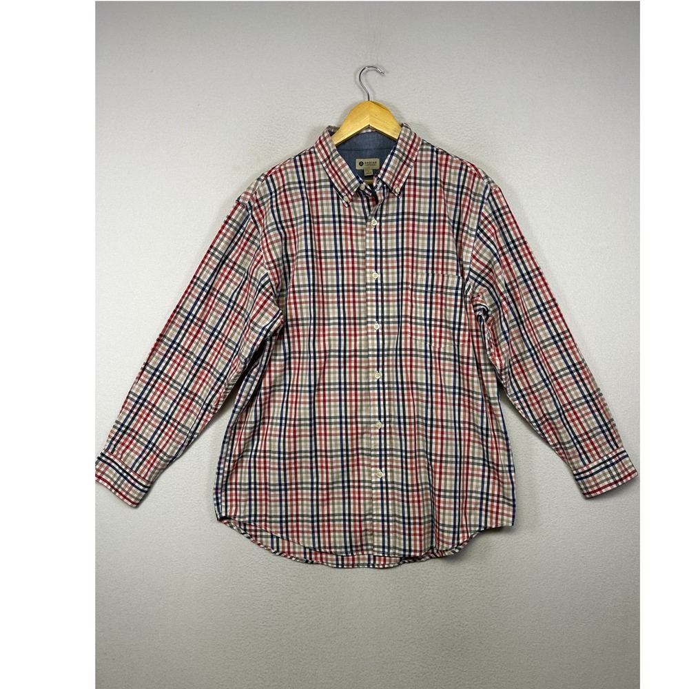 Preppy Haggar Mens LG Red Navy Plaid Button Down Long Sleeve Cotton Blend Shirt